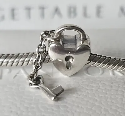 Genuine Pandora Bracelet Charm Silver Heart Lock & Key Charm S925 ALE • £10.50