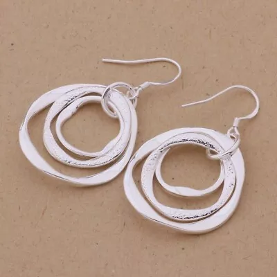 925 Sterling Silver Triple Circle Dangle Hoop Earrings Hook Fastening Uk Seller • £4.78