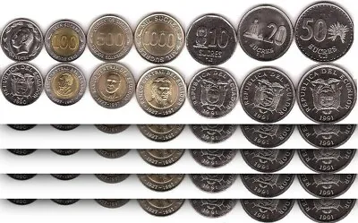 Ecuador UNC 5 (x) 7 Pcs Coin SET  1 10 20 50 100 500 1000 Sucres 1988 1997 • $32.45