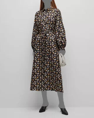 $1590 Max Mara Rimmel Women Black Perfume Print Belted Silk Shirtdress Sz 12 • £498.67