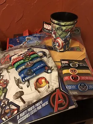 Lot Of Marvel Party Supplies Tote Bags Bracelets Cups Masks Photo Props • $29.99