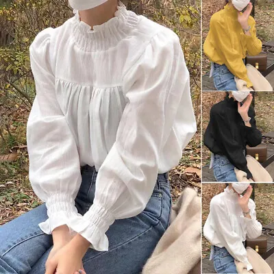 UK Women Work Shirt Pleated Blouse Solid Office Ladies Long Sleeve Top Plus Size • $24.85