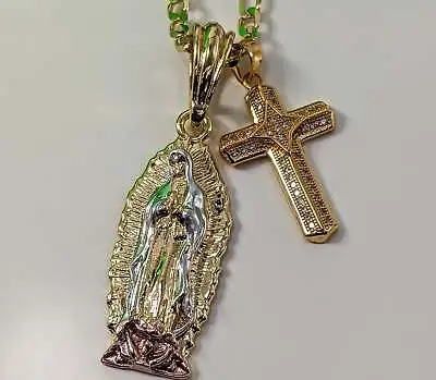 Gold Plated Virgin Mary Cross 3mm 22  Chain Necklace Virgen De Guadalupe Cruz • $14
