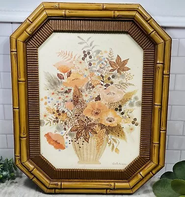 Vintage Boho Floral Art Lithograph Signed Gloria Eriksen Faux Bamboo Frame 21” • $32.19