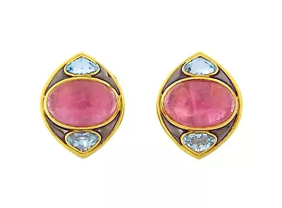 Marina B 18K 750 Yellow Gold Pink Tourmaline Blue Topaz Kashan Grandes Earrings • $18500