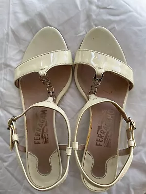 Salvatore Ferragamo Dandi 3cm Bianco White Patent Calf Sandals 5.5c Used • $69.95