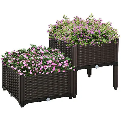 Outsunny 2-piece Elevated Flower Bed Vegetable Herb Planter Plastic Brown • £27.99