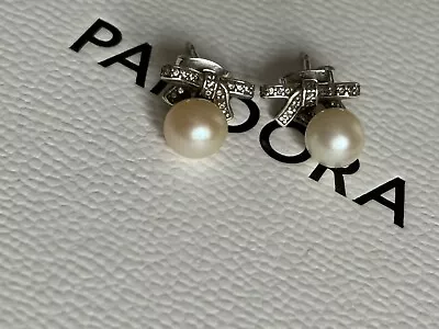 Pandora Delicate Sentiments Earrings Drop Dangle Pearl Bow S925 ALE • £35