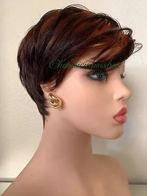 Short Orange Wig Ombré Dark Brown Wavy Pixie Cut Heat Resistance Ok • $26.30