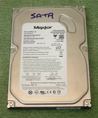 Maxtor DiamondMax 160 GB7200 RPM 3.5inch Hard Drive SATA 300 HDD STM3160215AS • £19.95