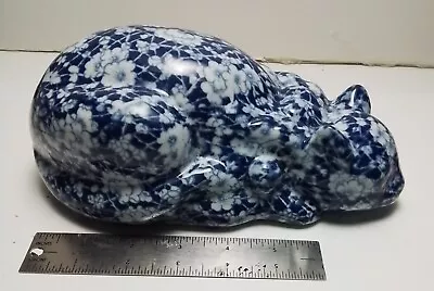 Blue Calico Ceramic Porcelain Cat White Flowers  • $40