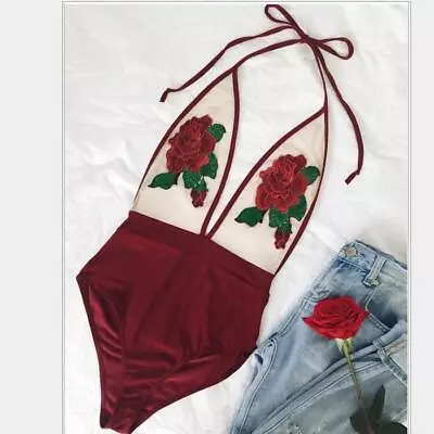 Sexy Fashion Woman SheIn Embroidery Flower Halter Mesh Swimsuit Summer Beach • £0.99