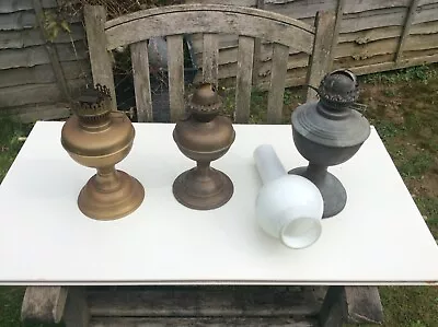 Brass Oil Lamps X3 + Opaque Glass Chimney Job Lot Spare Or Repairs • £5