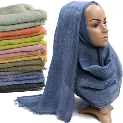 Women Cotton Linen Scarf Hijab Solid Color Shawls Wraps Muslim Headband Turban • $8.99