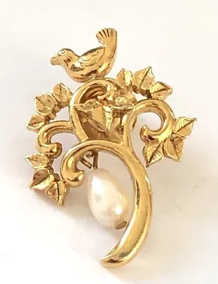 Vintage Faux Pearl Gold Tone Bird On Tree Pin Brooch 1  X 1.5  • $18.56