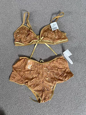 PHAX Womens Bra Set GOLD Sexy Fashion Lingerie Underwear Lace SEE THROUGH MESH • £10