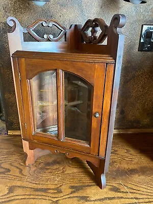 Vintage Eastlake Walnut Wall Corner Cabinet W Beveled Glass Doors  / Display • $325