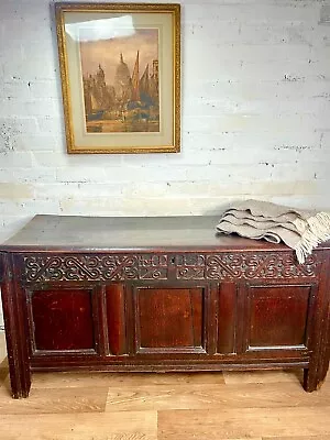 An Antique 17th Century Carved Oak Coffer With Date To Front /Chest/ Blanket Box • £475