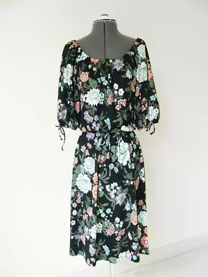 Vintage 70s Blouson Disco Dress Black Floral Keyhole Half-Sleeve Below The Knee • $59