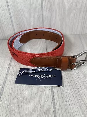 Vineyard Vines Men’s Belt Size 32 Jetty Red Cotton Leather EMB ICON Canvas Club • $26.99
