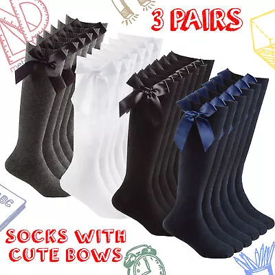 £4.99 • Buy 3 Pack Back To School Girls Knee Socks With Bows Uniform High Kids Plain Cotton