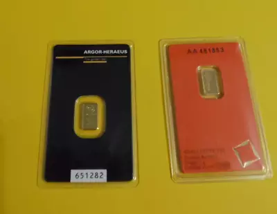 2 Gold Bars 1 Gram Each 999.9 Fine Valcambi And Argor Heraeus Sealed Assay Shown • $122