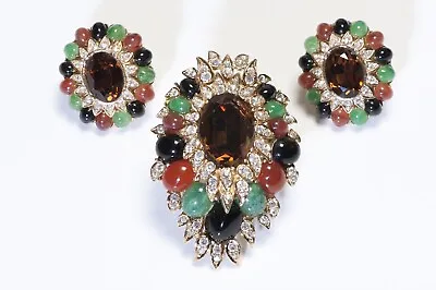 CINER Gold Plated Brown Crystal Cabochon Glass Mughal Style Brooch Earrings Set • $1250