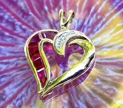 ❤️ Vintage Solid 14K Yellow Gold Ruby Diamond Swirl Heart Pendant Signed 02 Aj T • $139