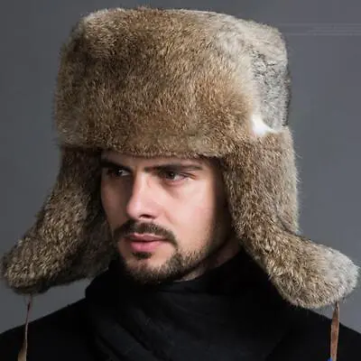 Winter Rabbit Mens Fur Hat Russia Trapper Earflap Ski Cap Earmuffs • $13.29