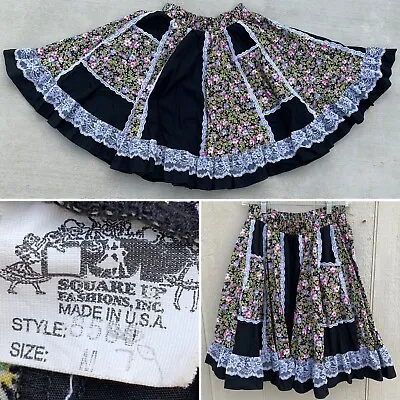 Square Dance Full Skirt Floral Lace Pockets Prairie Square Up Made In USA Size M • $78.50