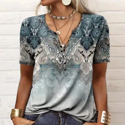 Women V Neck Casual Printed T Shirts Ladies Short Sleeve Loose Blouse Top Summer • $16.49