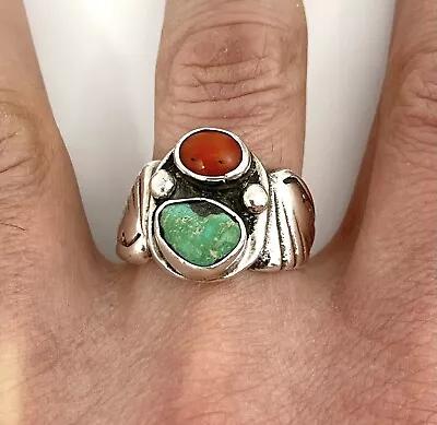 Mens Vintage Navajo Sterling Silver Turquoise Coral Ring Sz 10.5 • $95