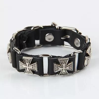 Maltese Malta Cross Mens Genuine Leather Cuff Tibet Bracelet Punk Emo Gothic • $18.45