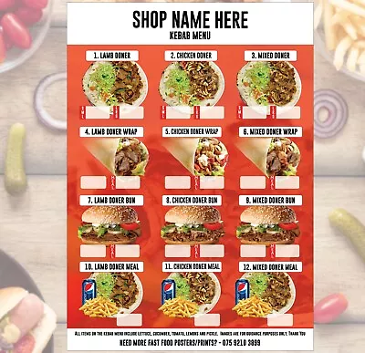 Fast Food Poster Kebab Menu Donner Kebab Fried Grilled Takeaway Food Menu Poster • £18.99