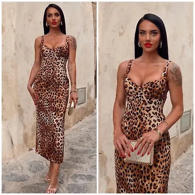 Zara Brown Tan Satin Cheetah Leopard Print Bustier Midi Bodycon Dress Size XS • $39.95