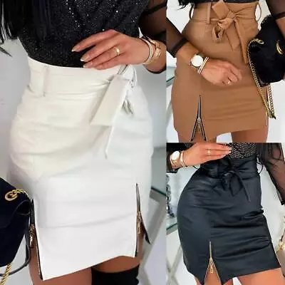 Womens PU Leather Skirt High Waist Wet Look Zipper Bodycon Mini Dress Clubwear • £13.49