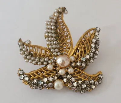 Rare Signed Vintage Miriam Haskell Pearl And Rhinestone Starfish Brooch Pin • $145