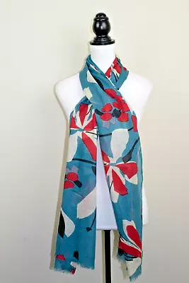 Turquoise Japanese Floral Scarf 100% Cotton Womens Kushi Summer BNWT 70 X21  • £3.99