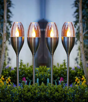 Solar Powered Stake Lights Garden LED Lamps Flickering Flame Outdoor Steel Home • £10.99