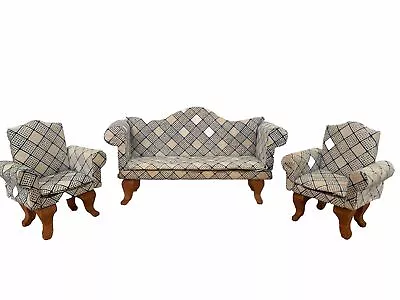 Antique 3 Piece Suite Sofa 2 Armchairs Dolls House Furniture Wooden Handmade • £9.99