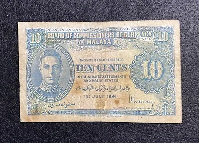 Malaya 10 Cents Jul 01 1941 Fine P8 • $7.99