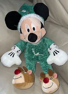 Disney Store Exclusive 14” Mickey Mouse Green PJ Sleeper PlushReindeer Slippers • $12