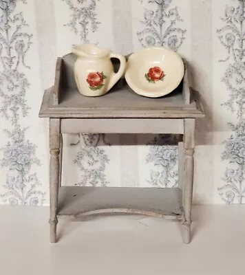 Dollhouse Vintage Distressed Wooden Wash Stand With Pitcher And Bowl 1/12 • $1.99