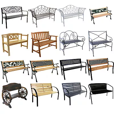 Garden Metal Wood Bench Outdoor Seating Cast Iron Rustic Patio 2 3 Seat Cushion • £69.99