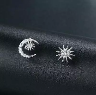 Silver Sunshine Moon Star White Gold Pave Cubic Zirconia Stud Earring • $9.99