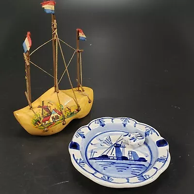 Blue White Holland Ashtray Clog Ship Vintage Souvenirs Dutch Netherlands • $5