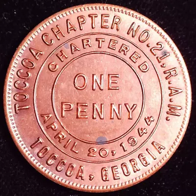 Toccoa Chapter No 21 Masonic Penny Token Toccoa Georgia • $9.99