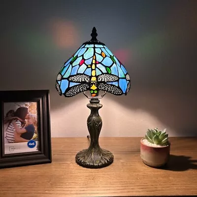 Tiffany Style Mini Table Lamp Blue Stained Glass Dragonfly Vintage H14*W8in • $82.99