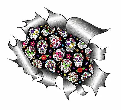 Ripped Torn Metal Look Design & Mexican Sugar Skull Pattern Vinyl Car Sticker • £2.49