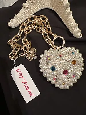 NWT Authentic Betsey Johnson Pop Heart Pearl Crystal Statement Pendant Necklace • $20.50